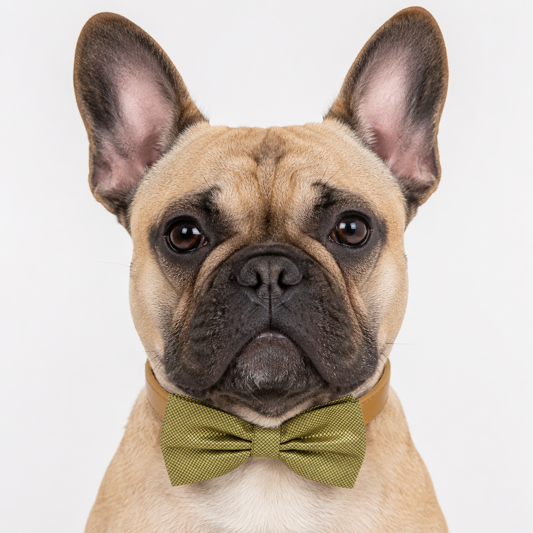 French Bulldog wearing a gold micro check bow tie collar with tan vegan leather collar and silver-tone hardware