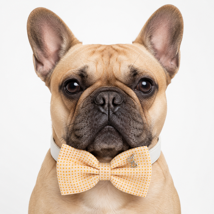 French Bulldog wearing a cream and gold dot bow tie collar with silver heart charm and white vegan leather collar for everyday wear and special occasions