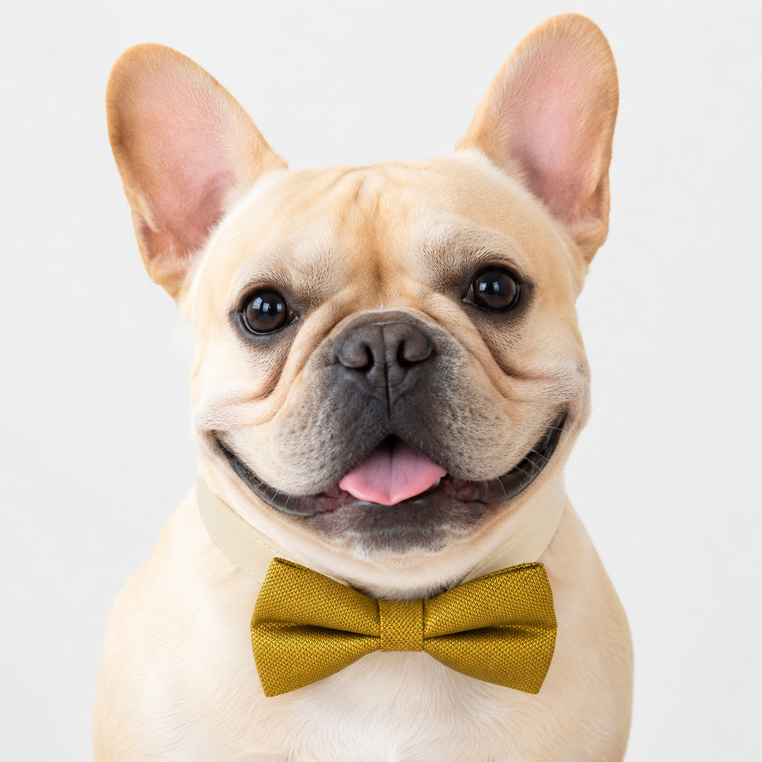 French Bulldog wearing a gold textured dog bow tie collar with ivory vegan leather collar for weddings, parties, and formal occasions