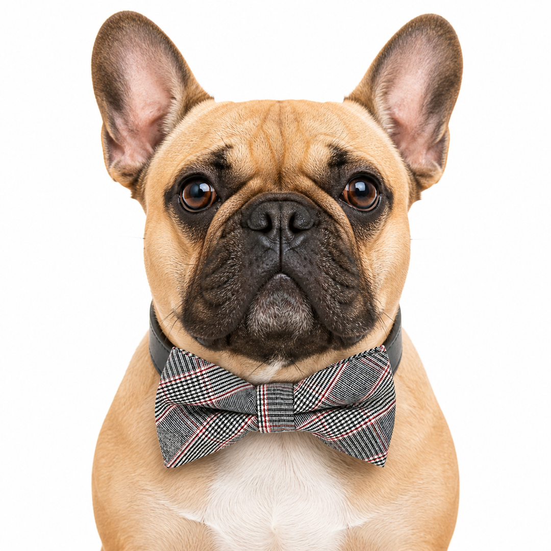 French Bulldog wearing a gray and red Glen plaid dog bow tie collar with black vegan leather collar for formal occasions and holiday celebrations