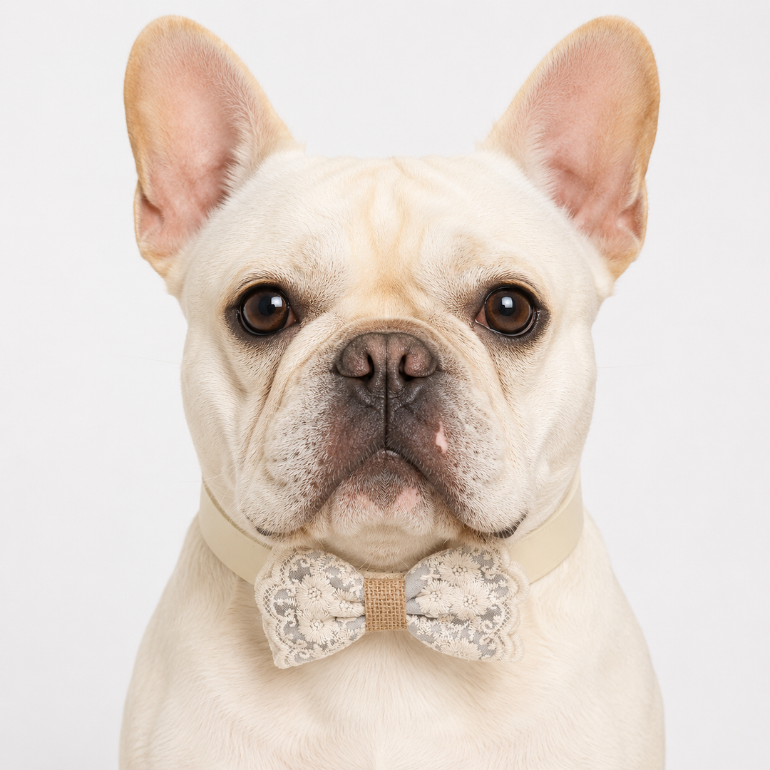 French Bulldog wearing a gray floral lace ring bearer dog bow tie collar with ivory vegan leather collar for weddings, ceremonies, and engagement celebrations