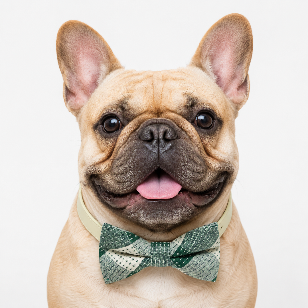 French Bulldog wearing a green and cream patchwork plaid dog bow tie collar with ivory vegan leather collar and classic woven pattern