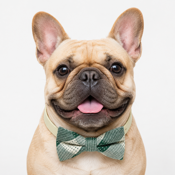 French Bulldog wearing a green and cream patchwork plaid dog bow tie collar with ivory vegan leather collar and classic woven pattern