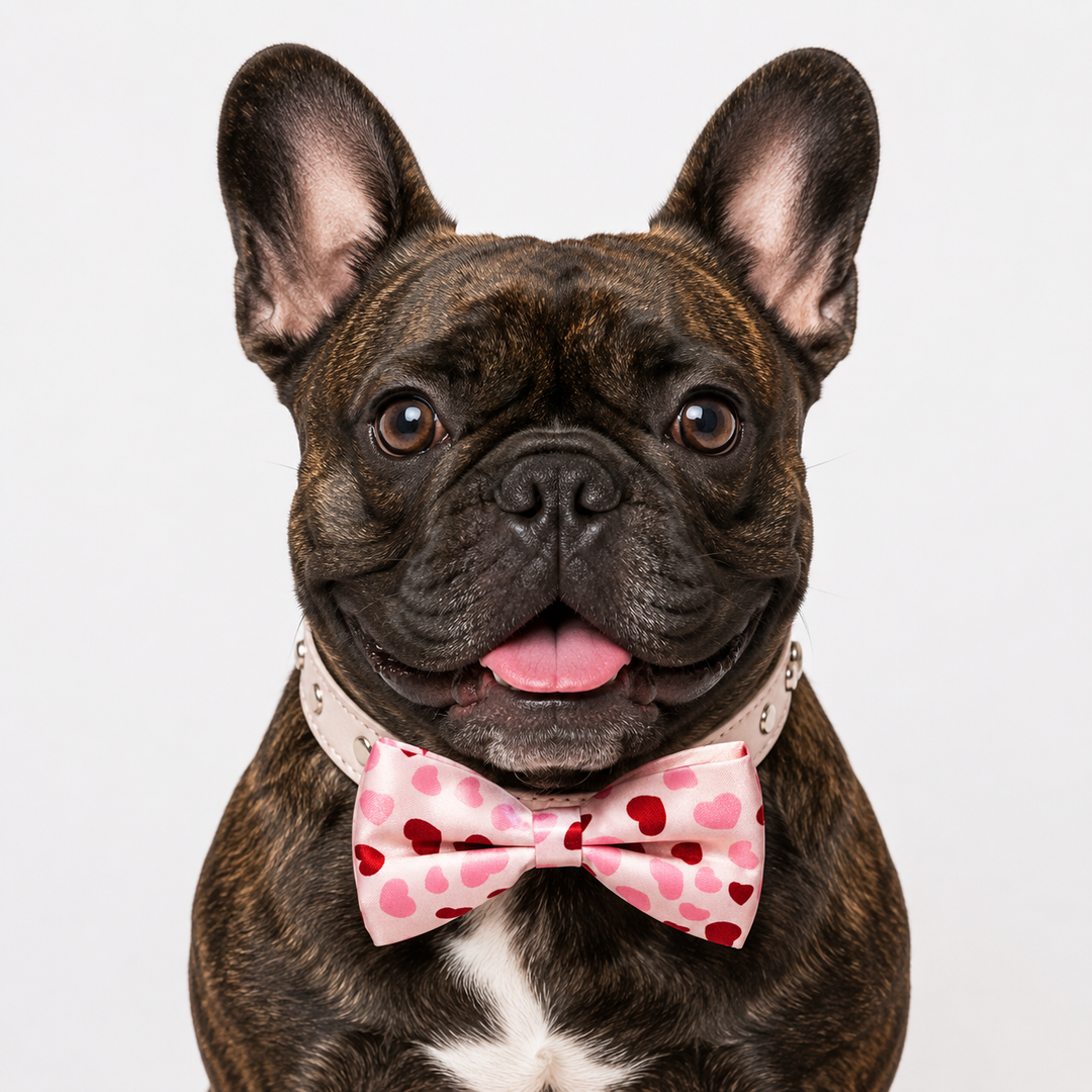French bulldog wearing a pink heart pattern bow tie collar with blush vegan leather collar and playful Valentine's style