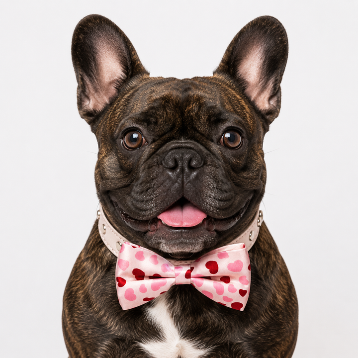 French bulldog wearing a pink heart pattern bow tie collar with blush vegan leather collar and playful Valentine's style