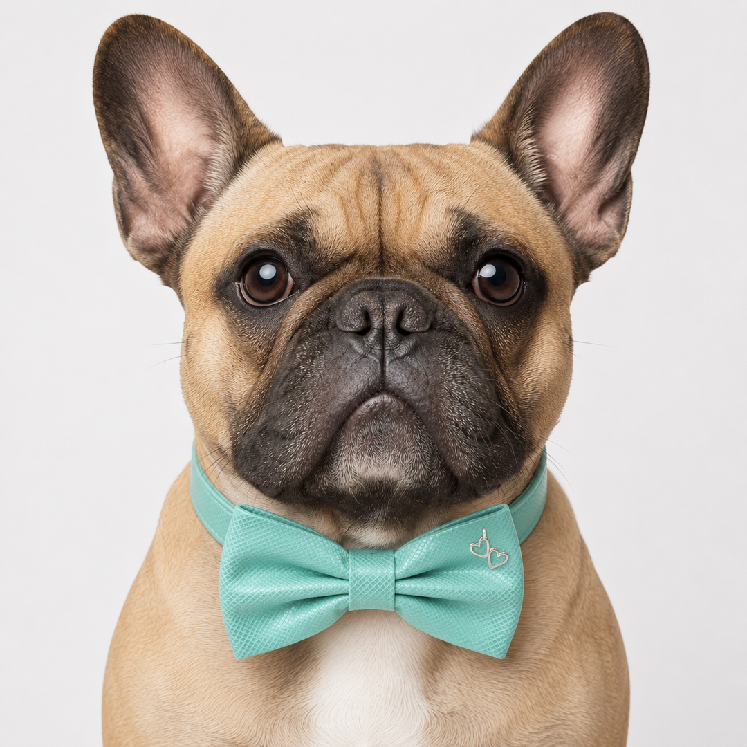 French Bulldog wearing a mint textured dog bow tie collar with decorative heart charm and vegan leather collar