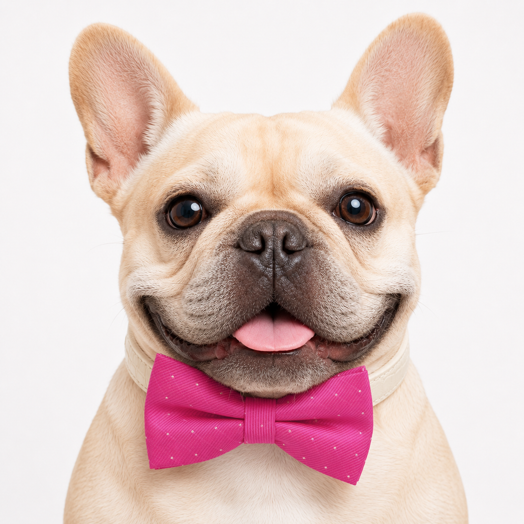 French Bulldog wearing a hot pink ribbed dog bow tie collar with ivory vegan leather collar and metallic dot details