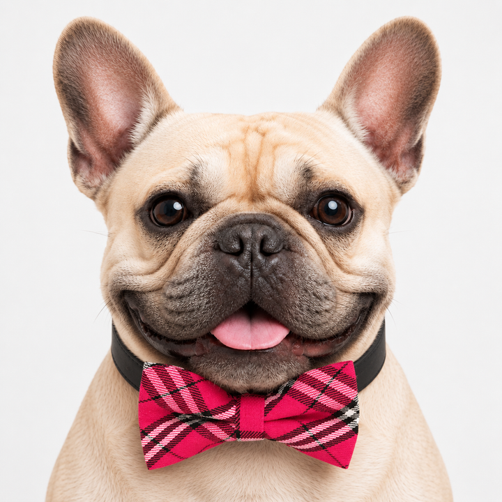 French Bulldog wearing a hot pink plaid dog bow tie collar with black vegan leather collar and tartan check pattern