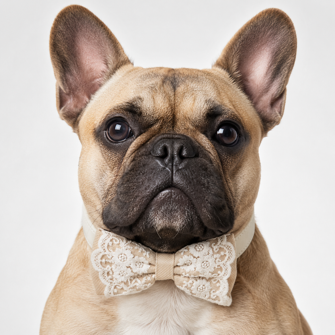 French Bulldog wearing an ivory lace dog bow tie collar with floral embroidery and adjustable vegan leather collar on a white background.