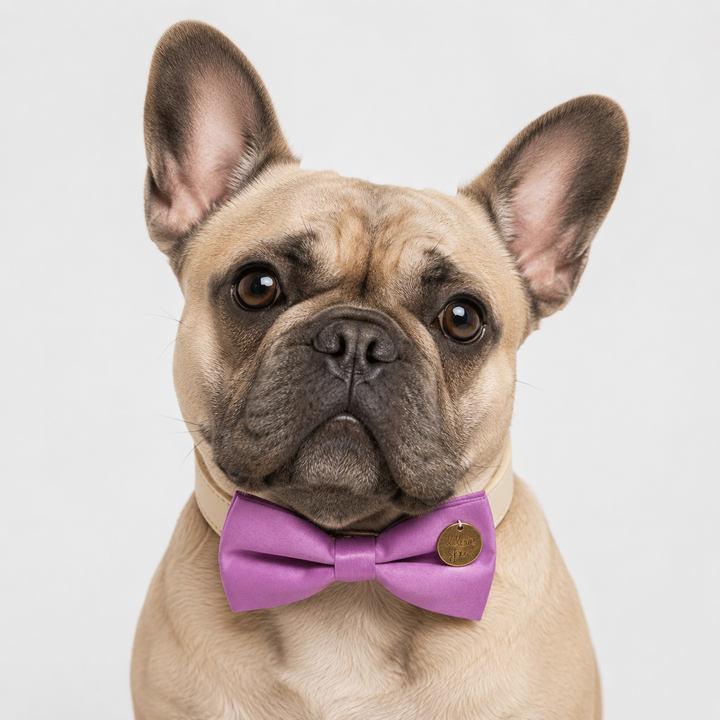 French Bulldog wearing a lavender dog bow tie collar with decorative love you charm and ivory vegan leather collar