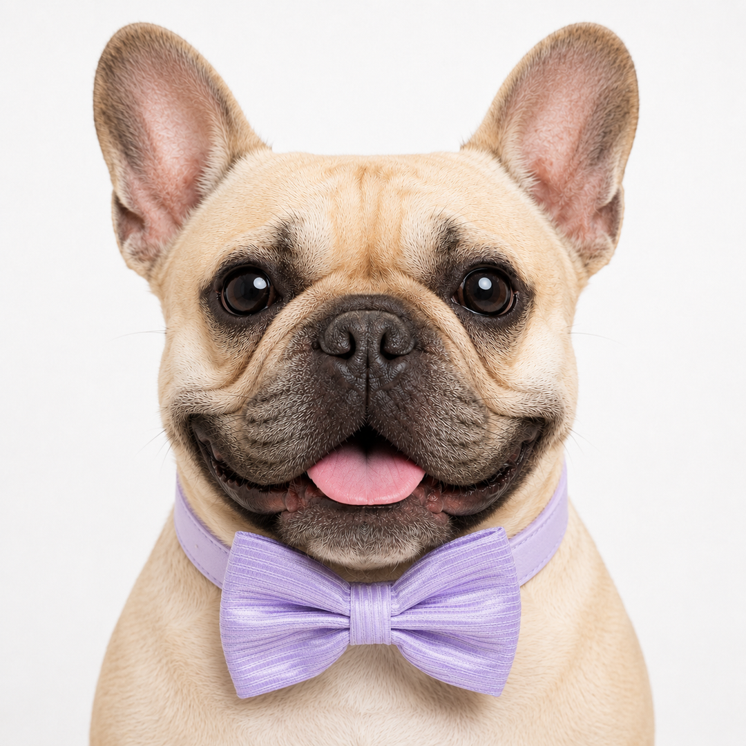 French bulldog wearing a lilac ribbed texture dog bow tie collar with matching lilac vegan leather collar and refined style