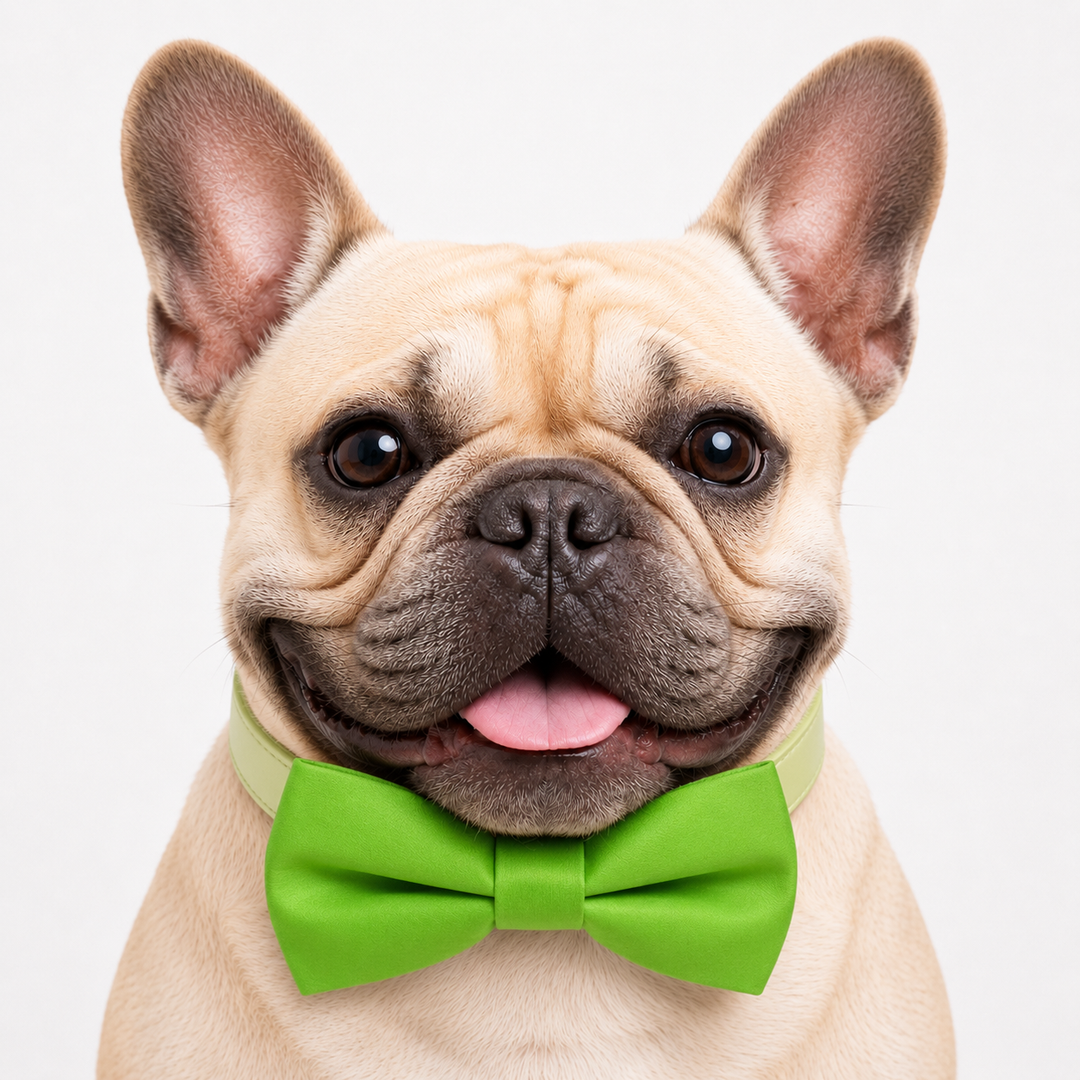 French bulldog wearing a bright lime green satin dog bow tie collar with matching light green vegan leather collar and classic formal style