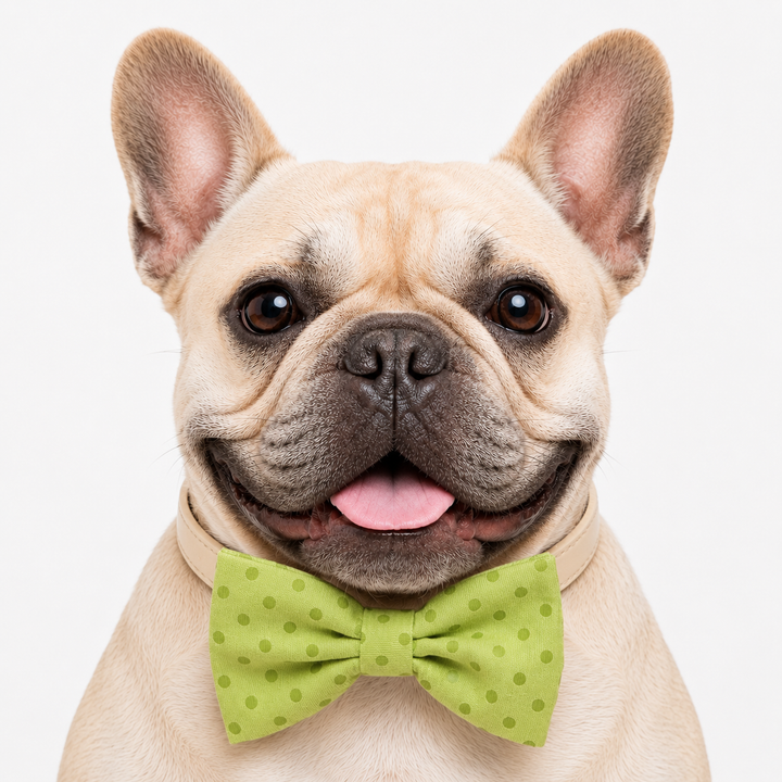 French bulldog wearing a lime green polka dot dog bow tie collar with ivory vegan leather collar and playful polka dot design
