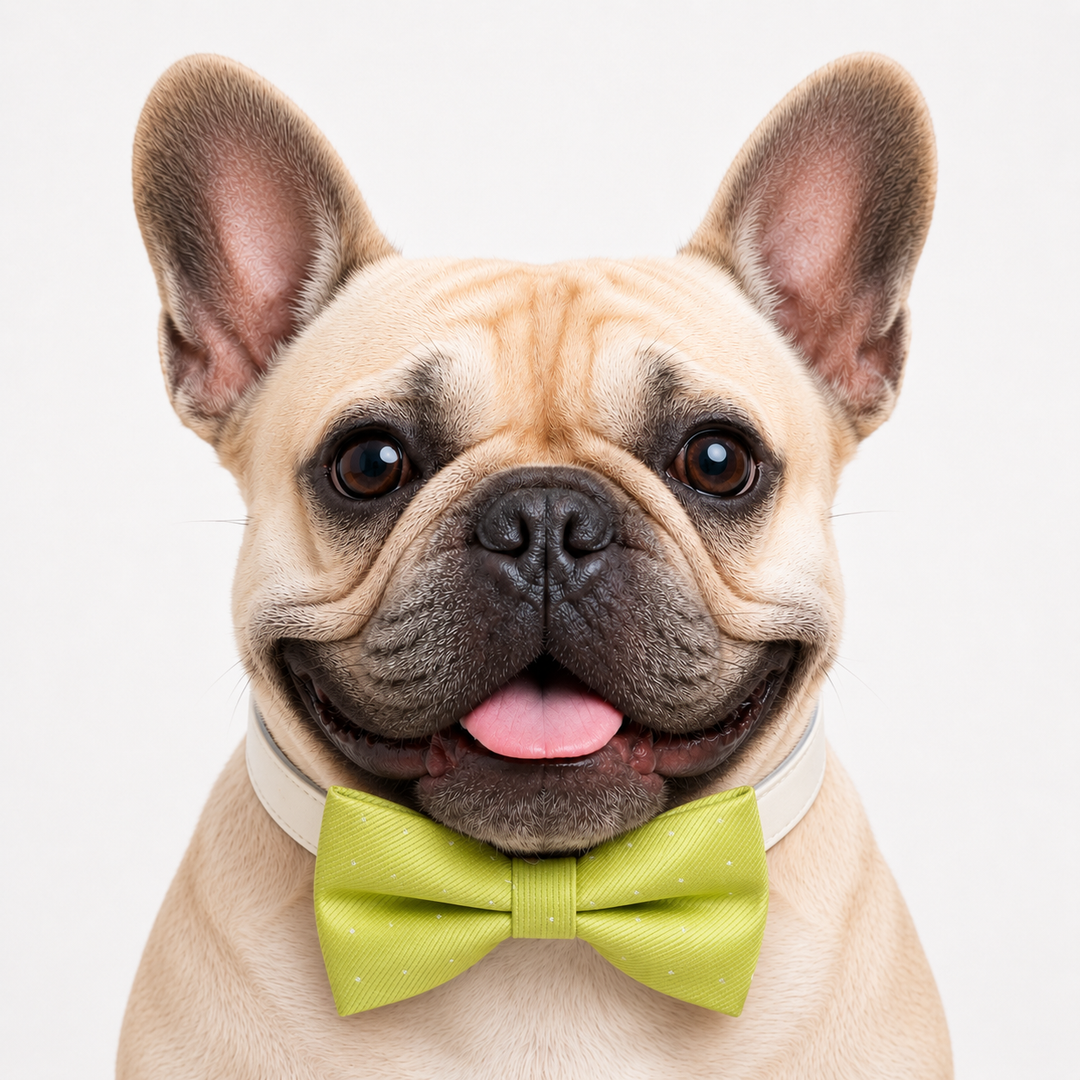 French bulldog wearing a lime green textured dog bow tie collar with white vegan leather collar and elegant formal style
