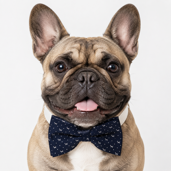 French bulldog wearing a navy blue miniature dog print bow tie collar with cream vegan leather collar and silver-tone hardware for everyday wear and special occasions