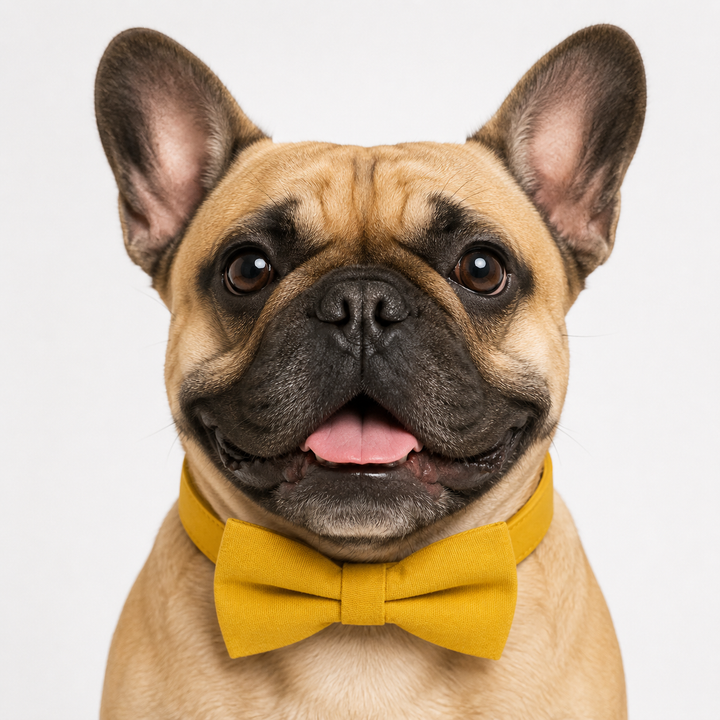 French bulldog wearing a mustard yellow linen style dog bow tie collar with matching vegan leather collar and classic minimalist design