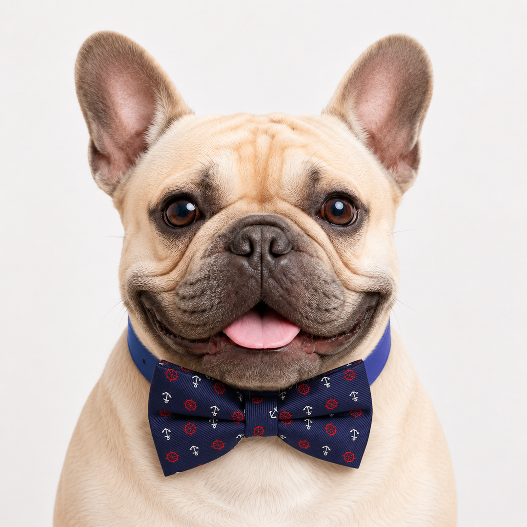 French bulldog wearing a blue nautical bow tie collar with anchor and ship wheel pattern and blue vegan leather collar