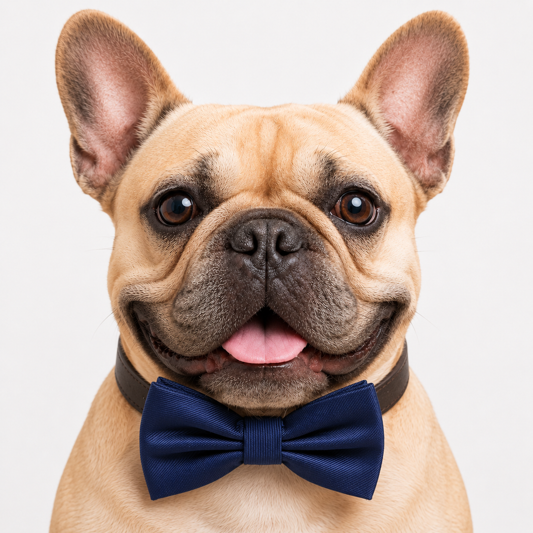 French Bulldog wearing a navy blue bow tie collar with vegan leather strap for weddings, celebrations, and formal pet photos.