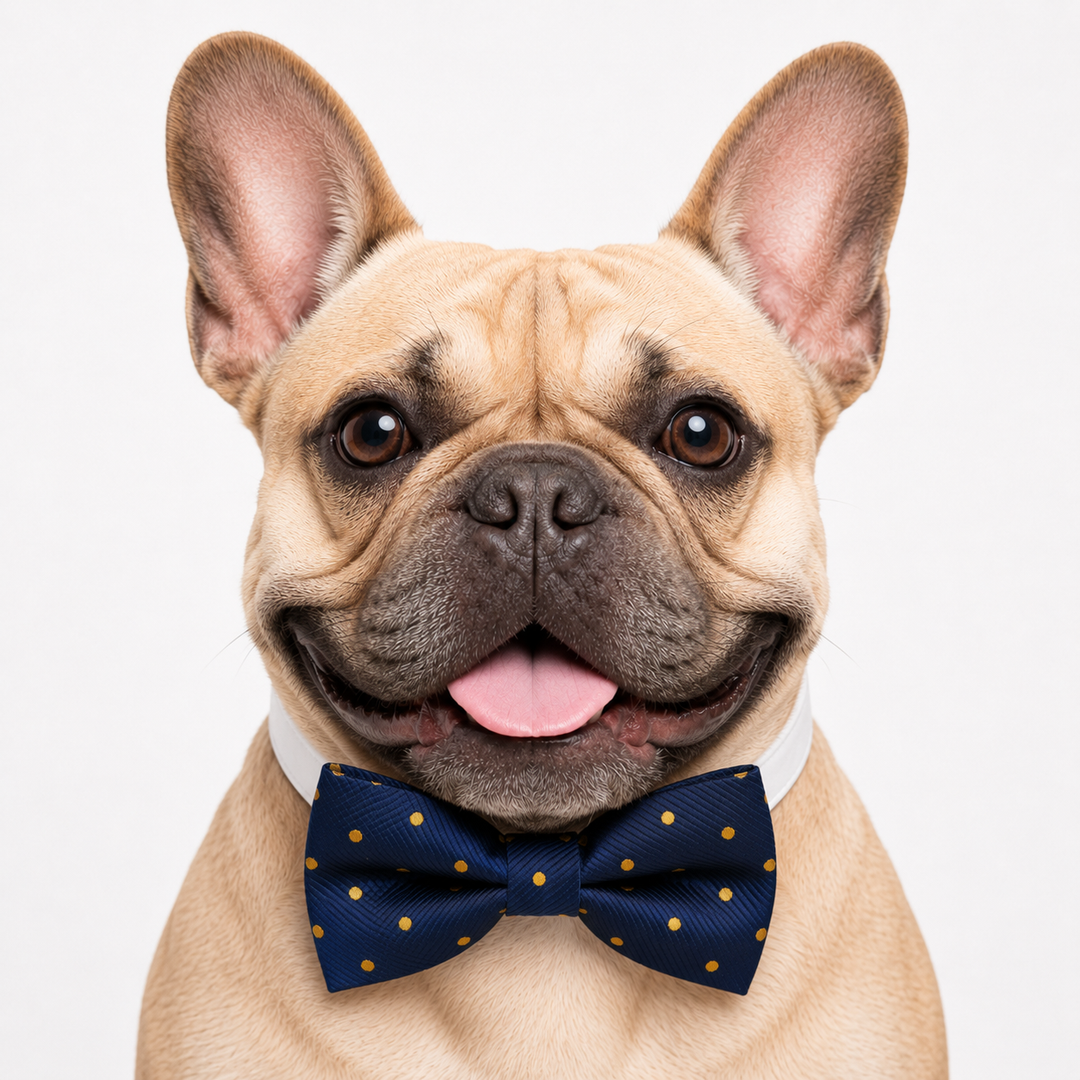 French bulldog wearing a navy blue dog bow tie with gold polka dots and white vegan leather collar for formal occasions and everyday wear
