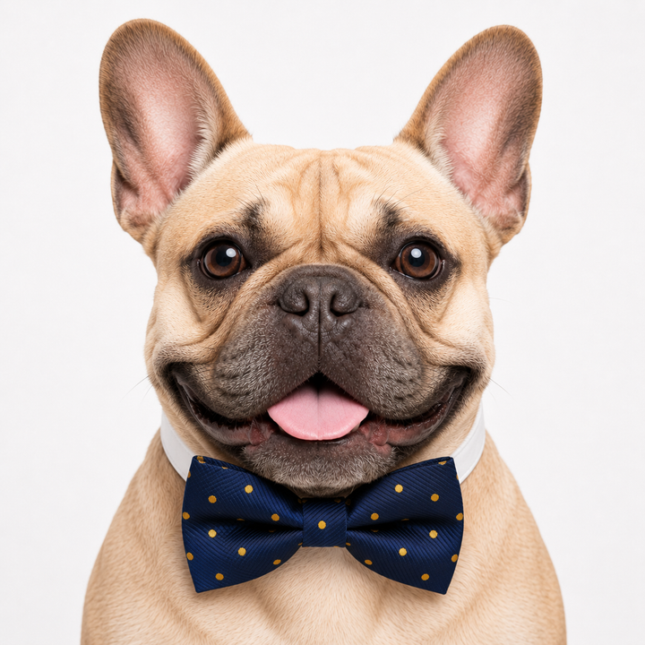 French bulldog wearing a navy blue dog bow tie with gold polka dots and white vegan leather collar for formal occasions and everyday wear