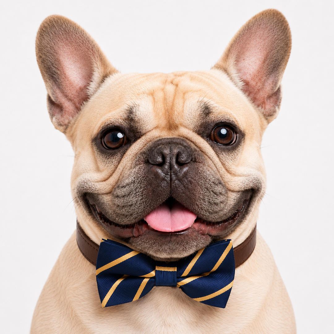 French bulldog wearing a navy blue dog bow tie with gold diagonal stripes and brown vegan leather collar for formal occasions and everyday wear