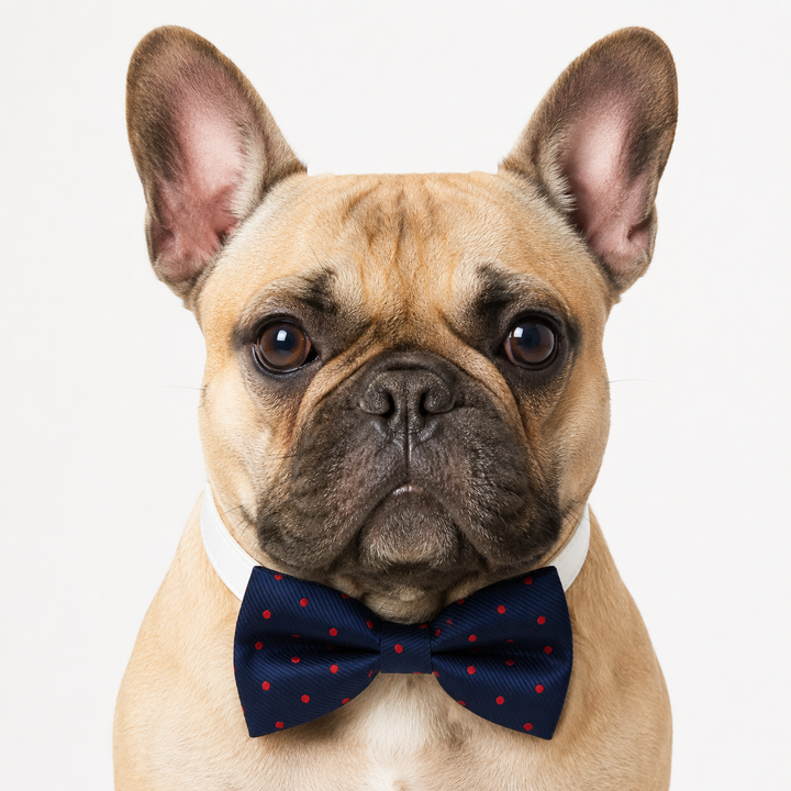 French bulldog wearing a navy blue dog bow tie with red polka dots and white vegan leather collar for formal events and everyday style