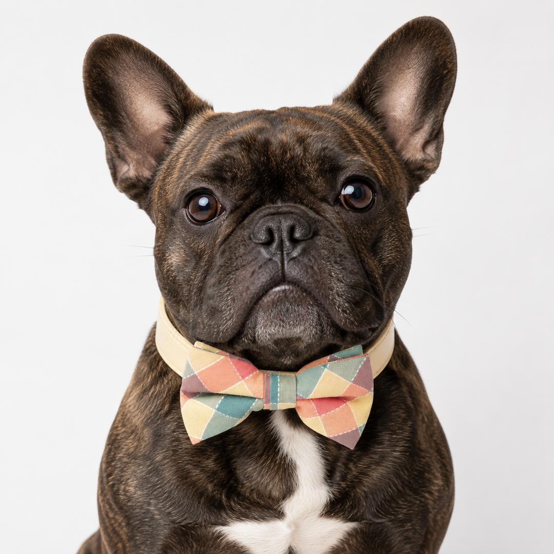French bulldog wearing a pastel check pattern bow tie collar with cream vegan leather collar and soft multicolor design