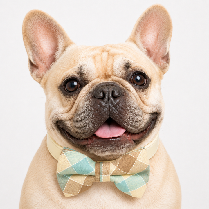 French bulldog wearing a pastel plaid bow tie collar with cream vegan leather collar and soft pastel check pattern