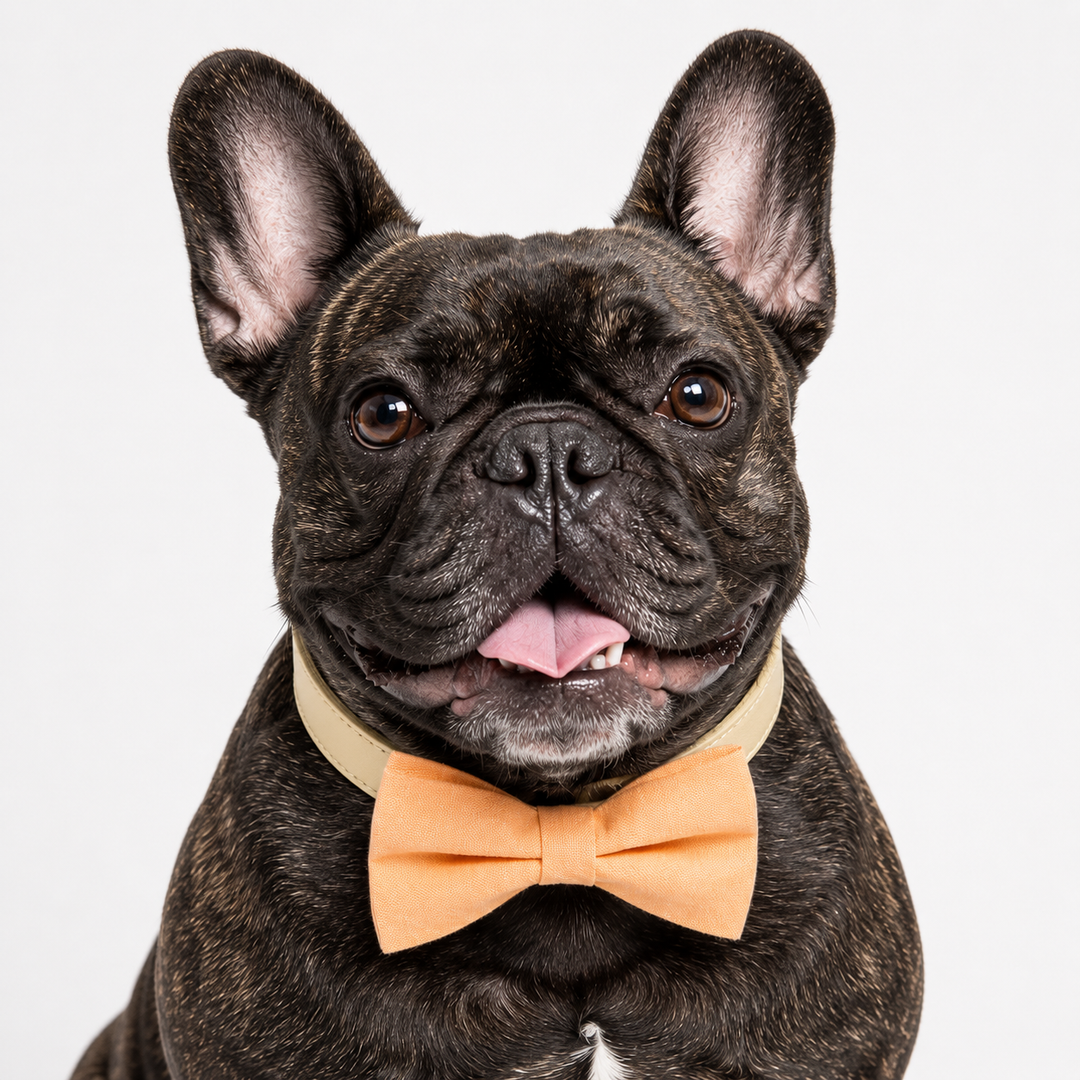 French bulldog wearing a peach solid color bow tie collar with cream vegan leather collar and classic minimalist style