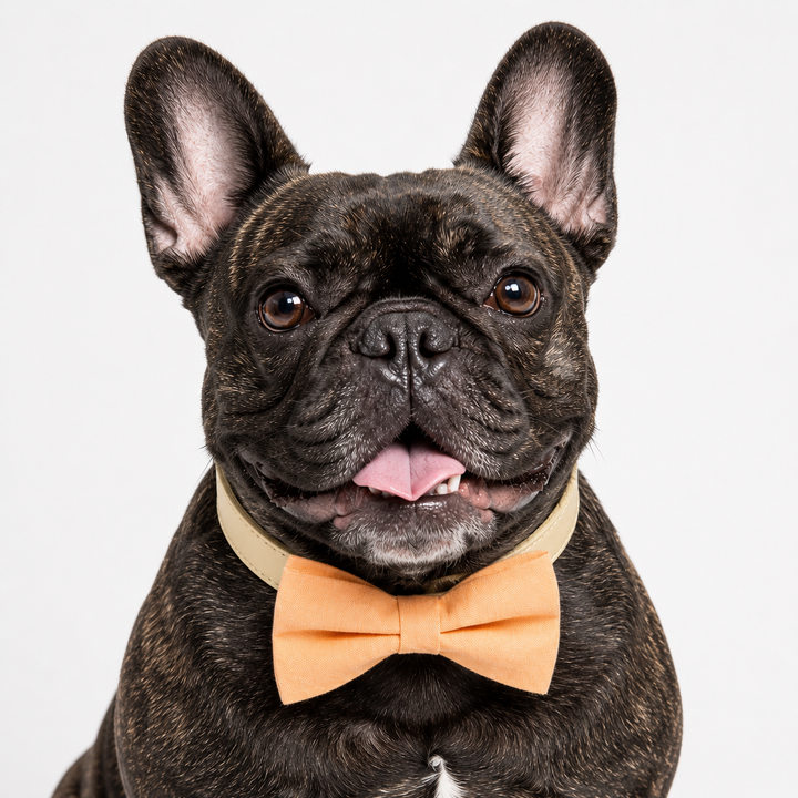 French bulldog wearing a peach solid color bow tie collar with cream vegan leather collar and classic minimalist style