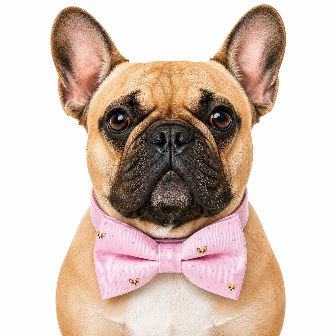 French bulldog wearing a pink corgi print bow tie collar with pink vegan leather collar and silver-tone hardware