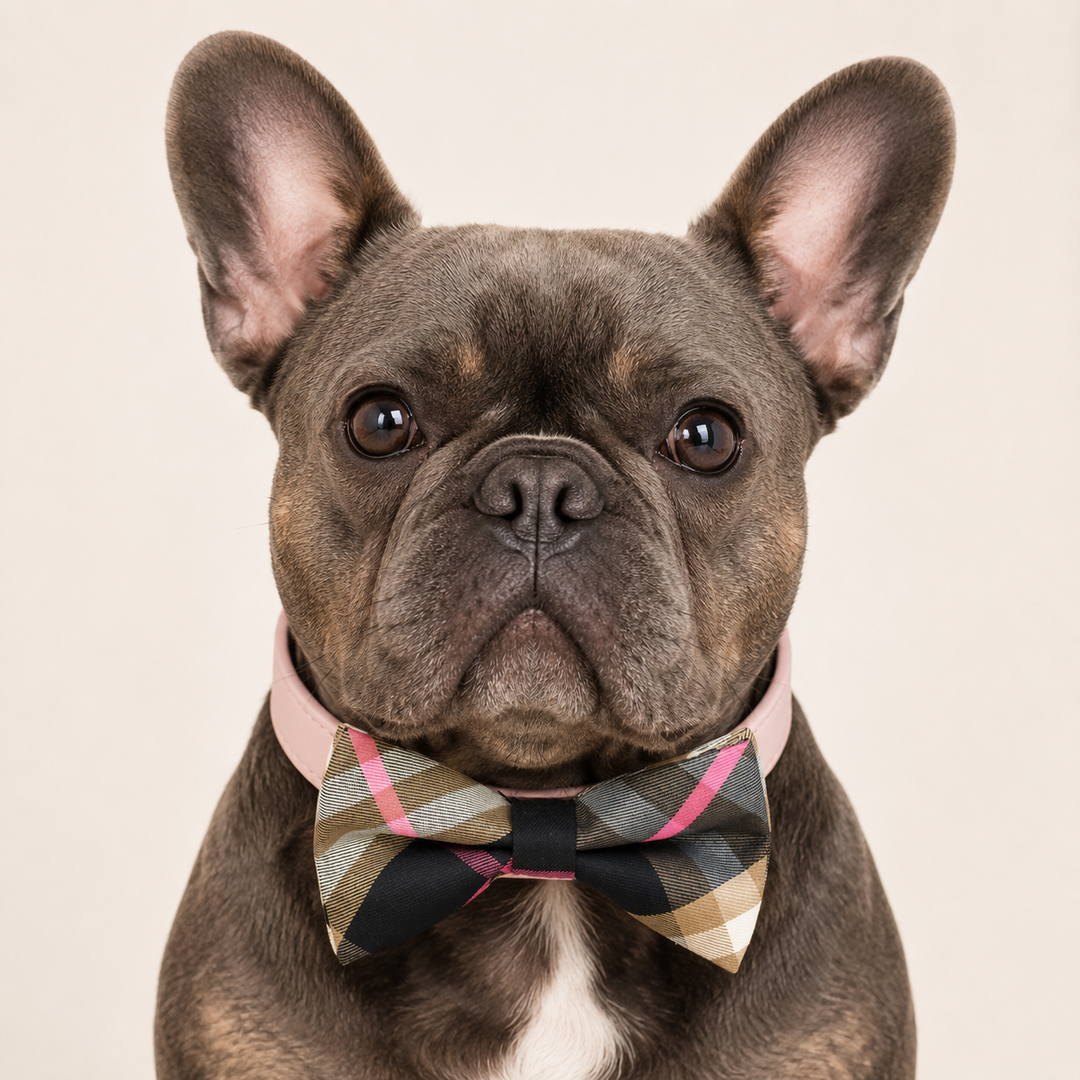 French bulldog wearing a pink plaid bow tie collar with blush pink vegan leather collar and classic check pattern design