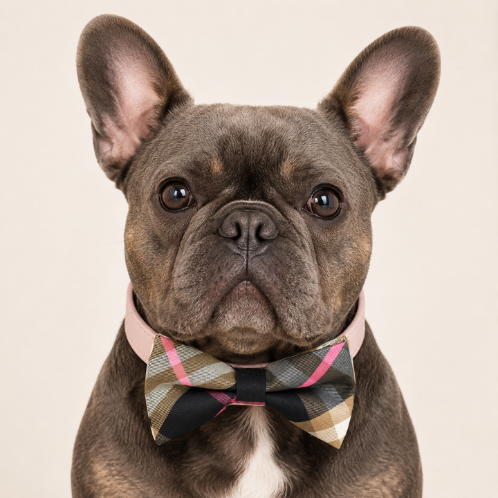 French bulldog wearing a pink plaid bow tie collar with blush pink vegan leather collar and classic check pattern design