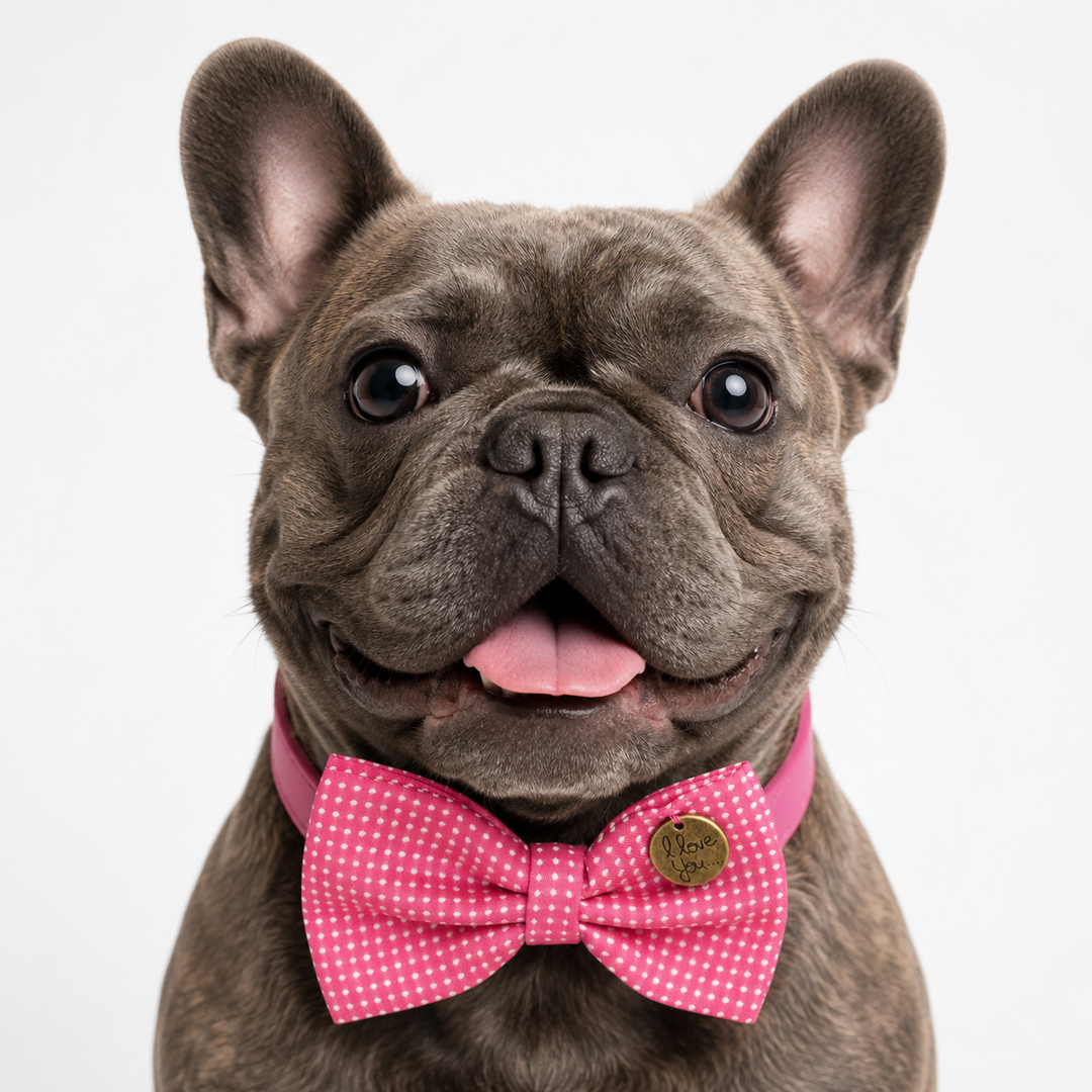 French bulldog wearing a pink polka dot bow tie collar with decorative love charm and bright pink vegan leather collar