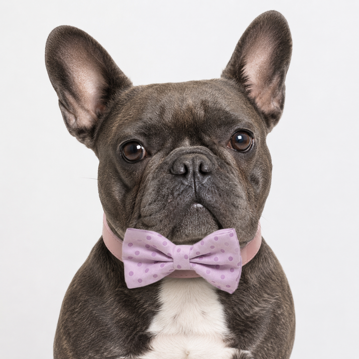 French Bulldog wearing a pink polka dot dog bow tie collar with matching pink vegan leather collar and silver hardware