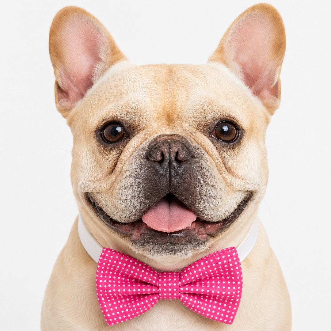 French bulldog wearing a pink polka dot bow tie collar with white vegan leather collar and silver-tone hardware