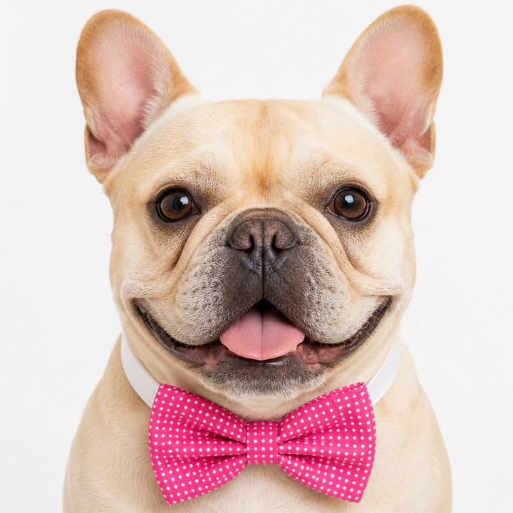 French bulldog wearing a pink polka dot bow tie collar with white vegan leather collar and silver-tone hardware