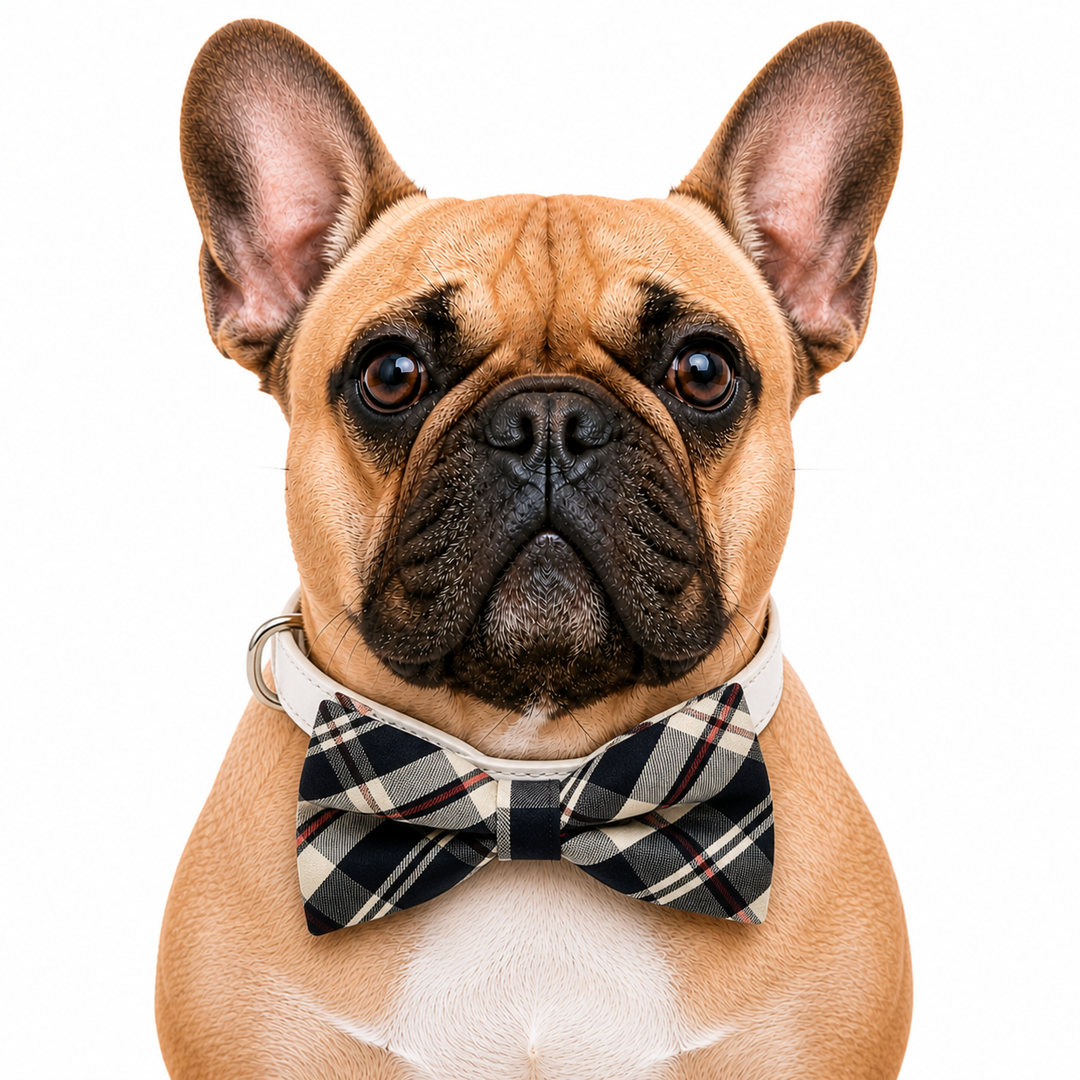 French Bulldog wearing a plaid bow tie collar with white vegan leather strap for weddings and special events.