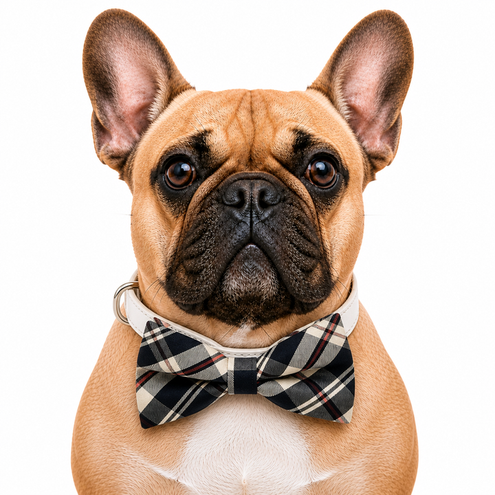 French Bulldog wearing a plaid bow tie collar with white vegan leather strap for weddings and special events.