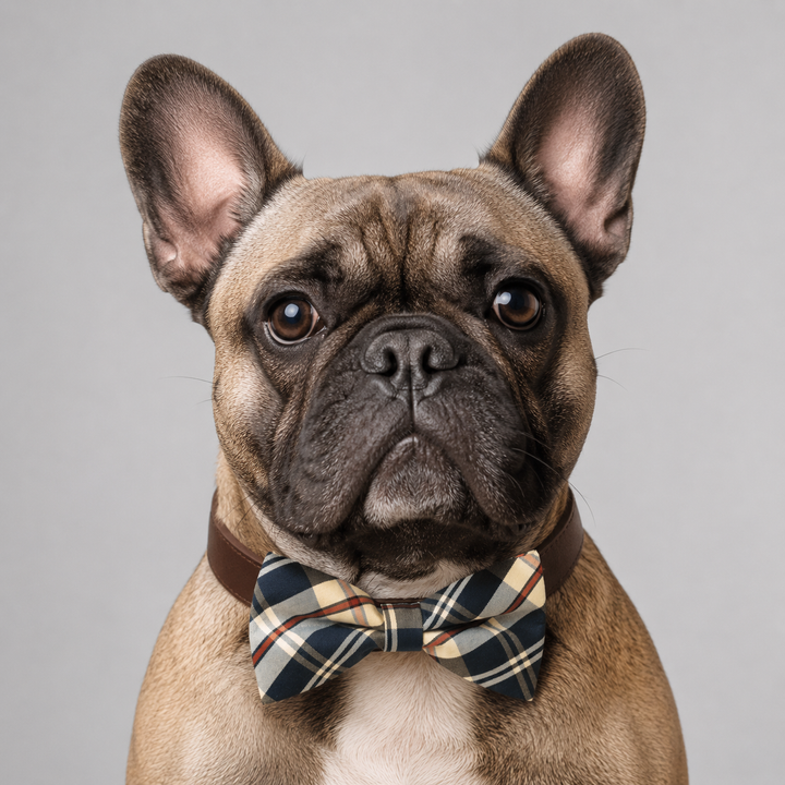 French bulldog wearing a plaid bow tie collar with navy, cream, and red tartan pattern and brown vegan leather collar
