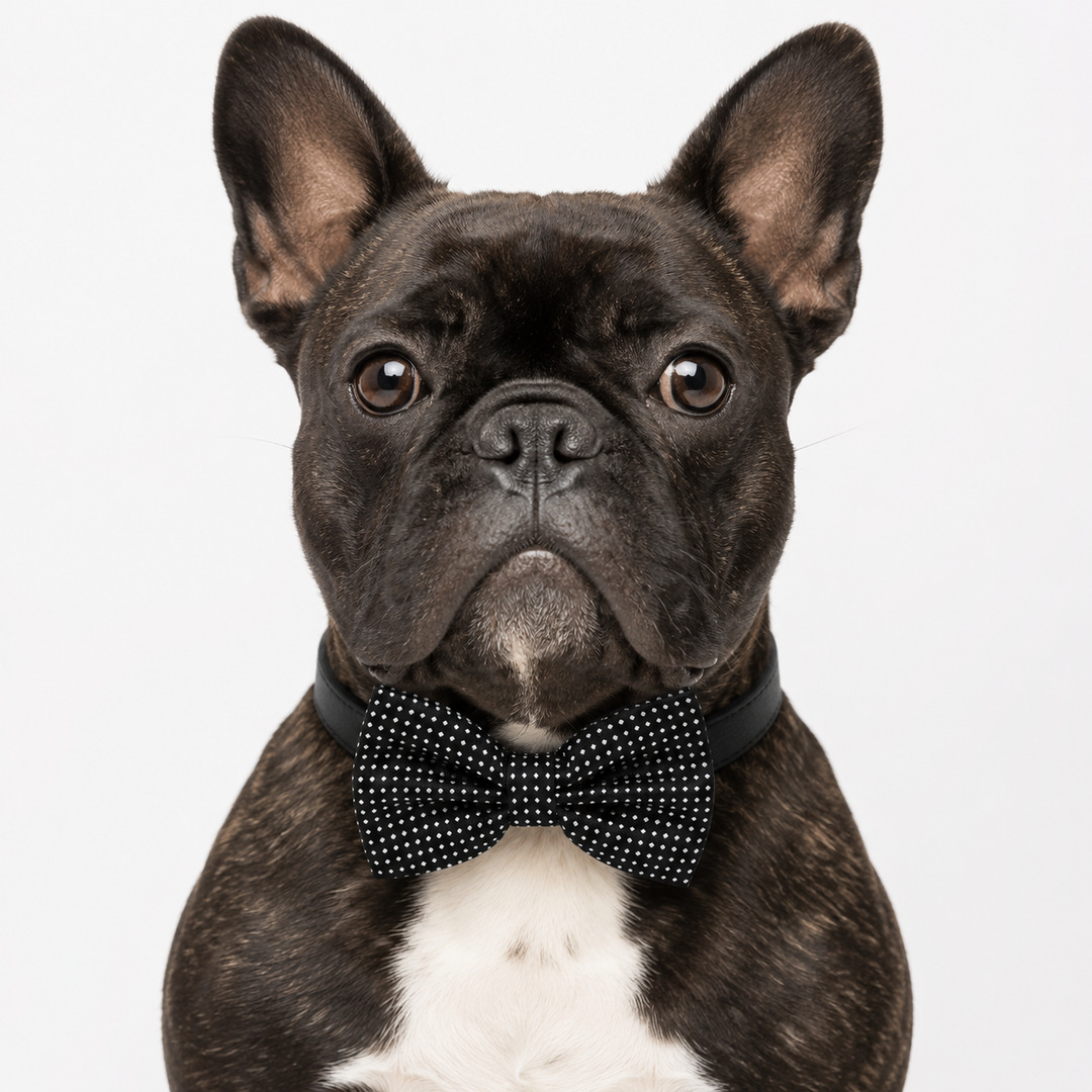 French Bulldog wearing a black polka dot bow tie collar with a black vegan leather collar on a white background