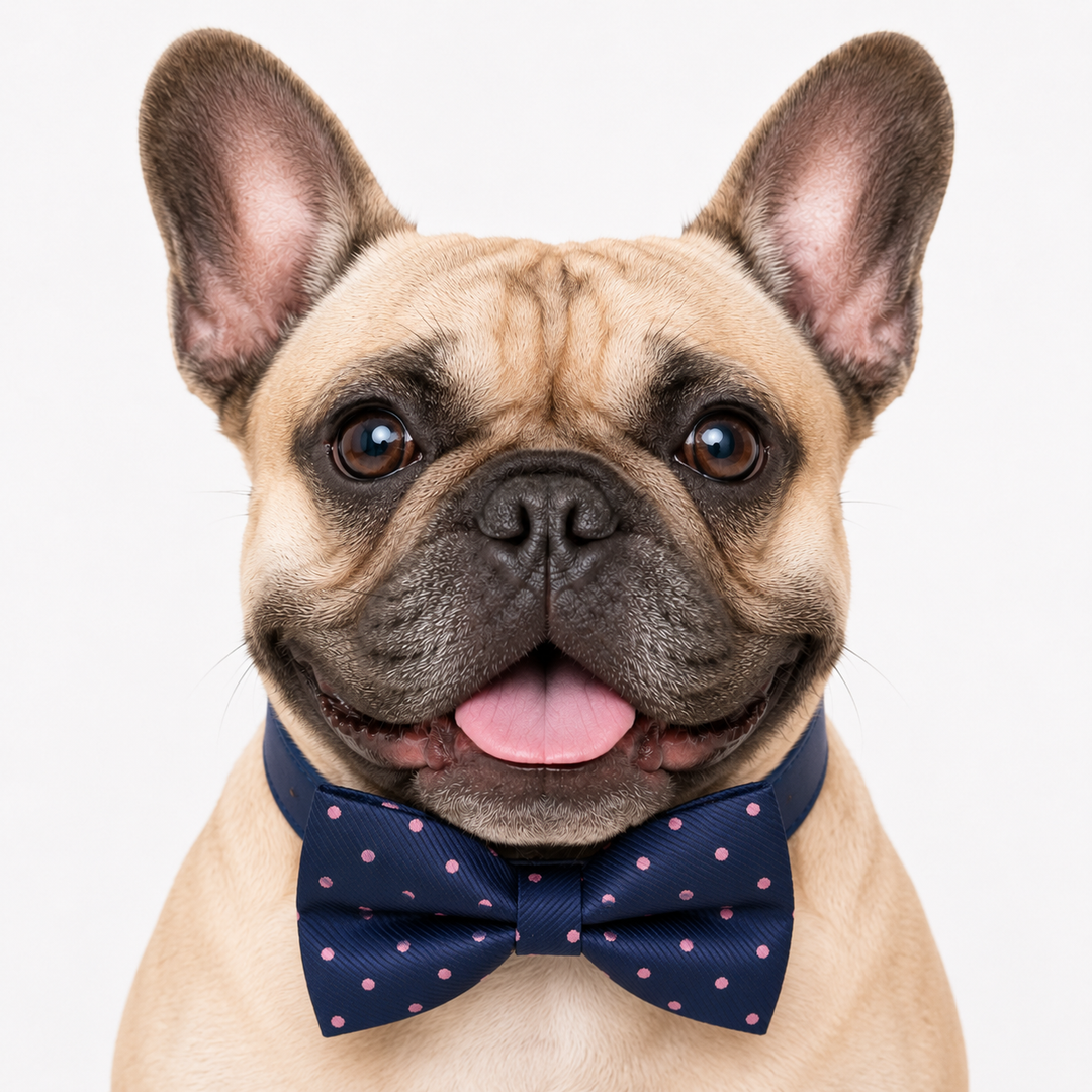 French bulldog wearing a navy blue dog bow tie with pink polka dots and matching blue vegan leather collar for formal occasions and everyday wear
