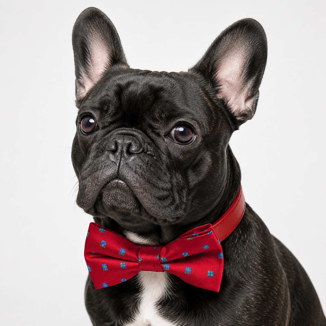 French Bulldog wearing a red gift box pattern bow tie collar with red vegan leather collar