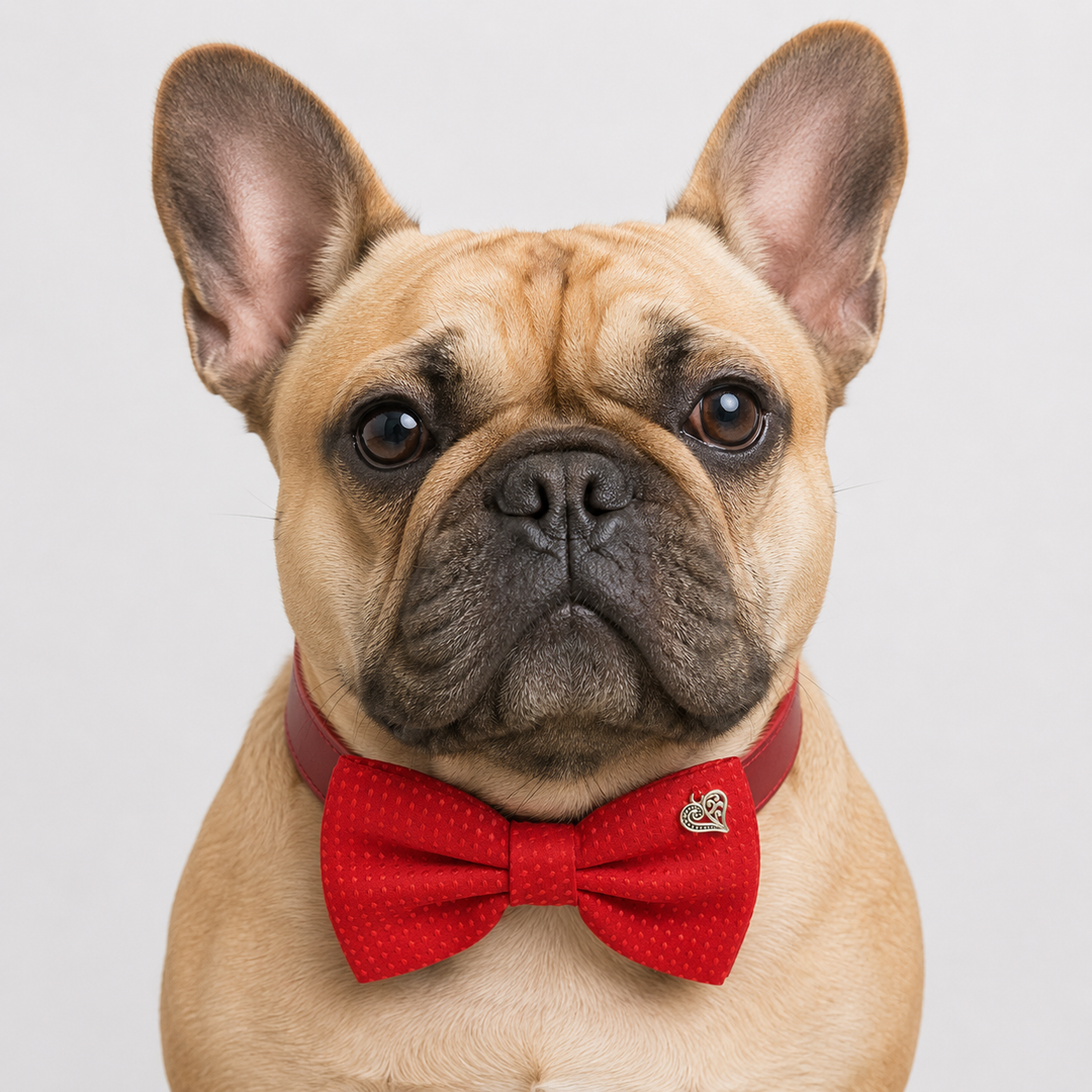 French Bulldog wearing a red textured bow tie collar with silver heart charm.