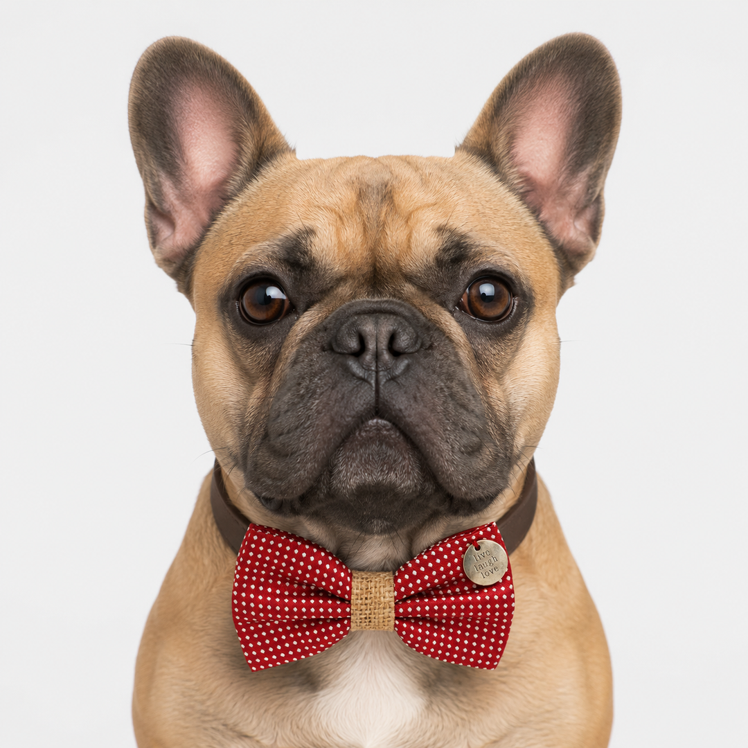 French Bulldog wearing a red polka dot bow tie collar with burlap center accent and charm.