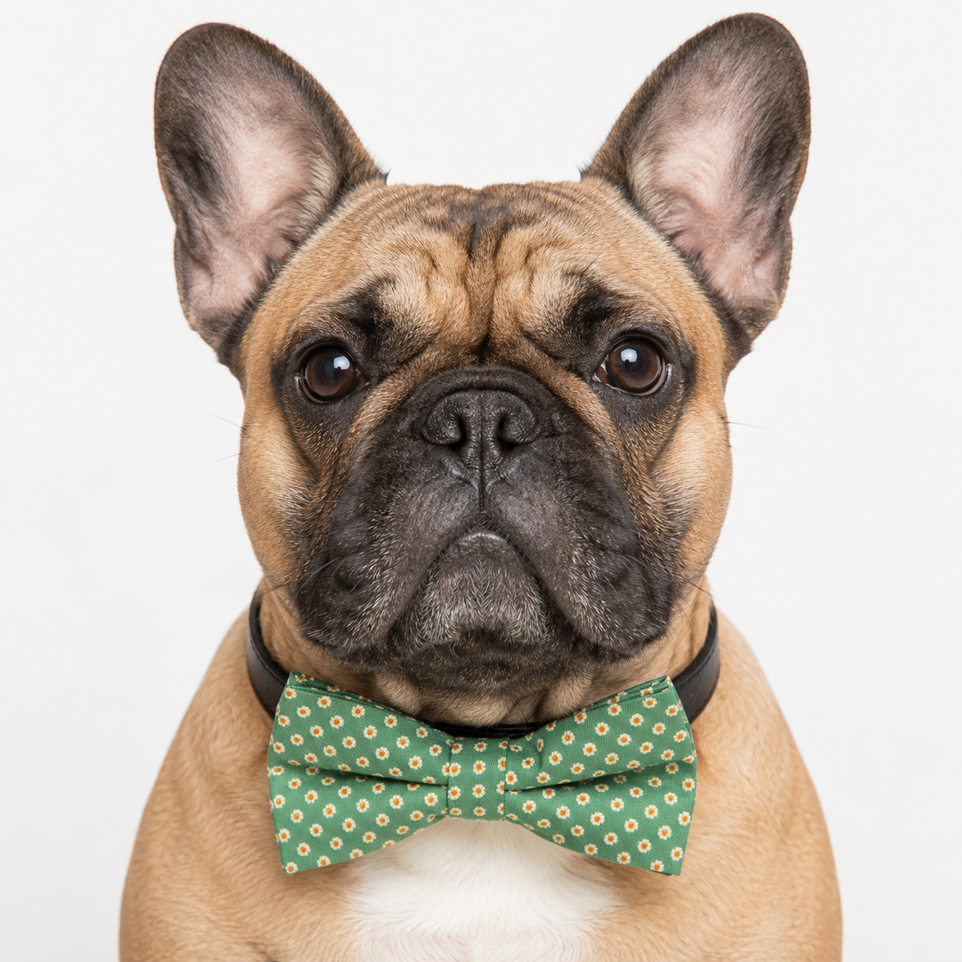 French Bulldog wearing a sage green daisy floral bow tie collar with black vegan leather collar
