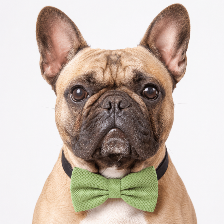 French Bulldog wearing a sage green textured bow tie collar with black vegan leather collar