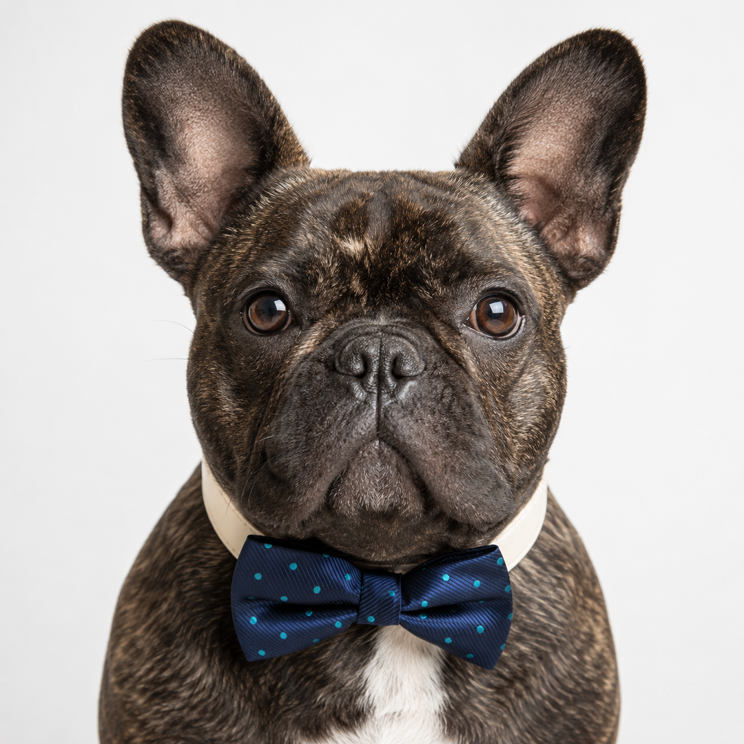 French bulldog wearing a navy blue dog bow tie with turquoise polka dots and ivory vegan leather collar for formal events and special occasions