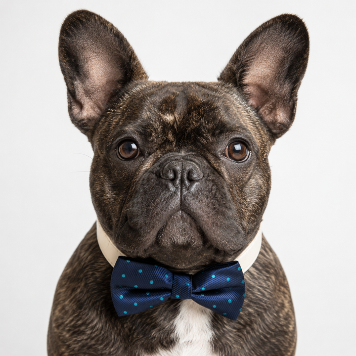 French bulldog wearing a navy blue dog bow tie with turquoise polka dots and ivory vegan leather collar for formal events and special occasions