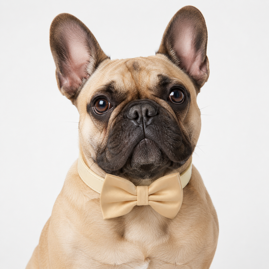 French Bulldog wearing ivory dog bow tie collar with elegant satin bow tie and vegan leather collar